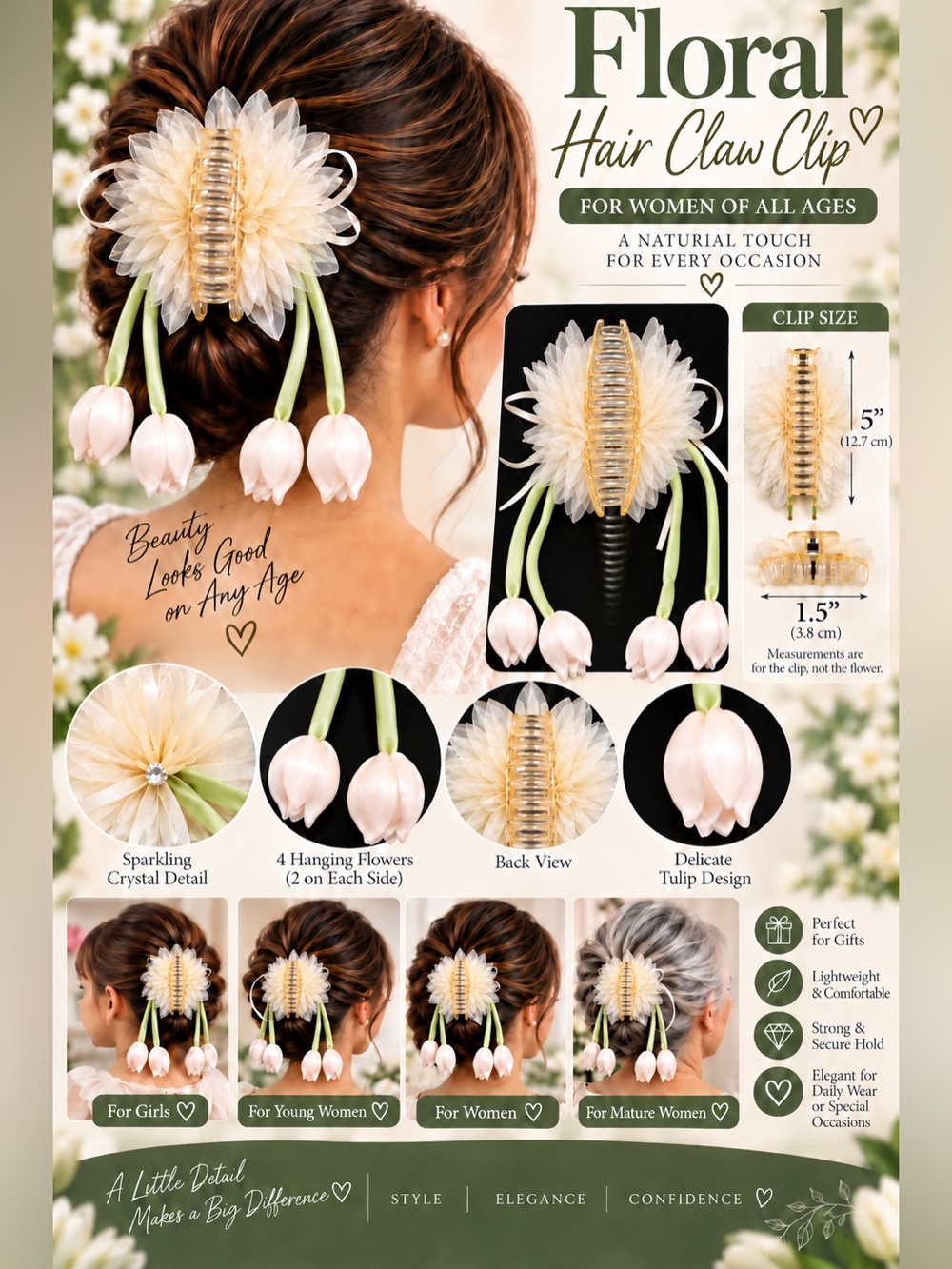 Women’s Floral Hair Claw Clip Ivory Cream Flower 4 Hanging Tulips Elegant